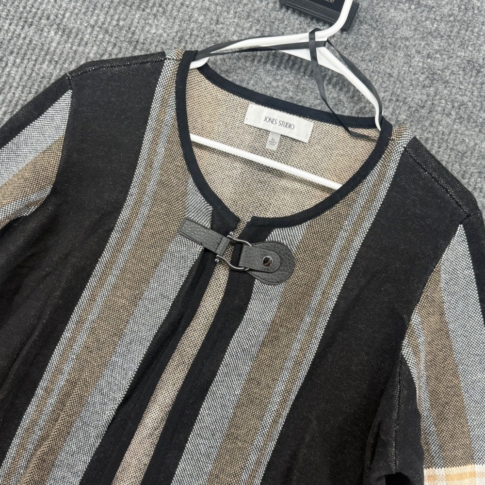 Jones Studio Cardigan Womens XL Black NWT Plaid Longline Duster Buckle Sweater